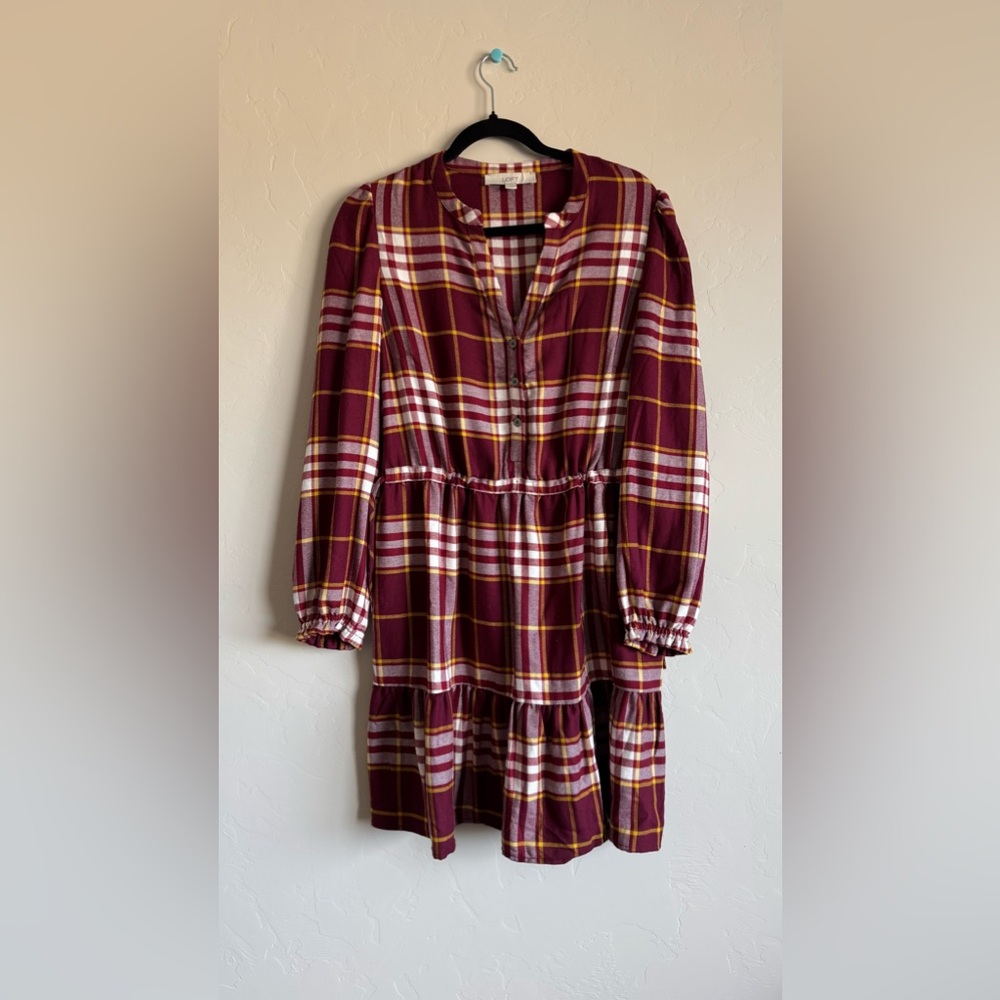 LOFT Maroon Plaid Mini Dress Tiered Al line Button Up with Side Cinches - Size M